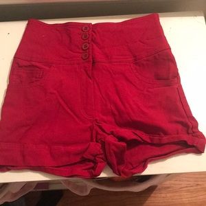 red high-waisted shorts